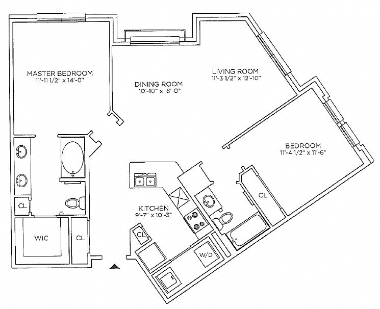 Floor plan for 2 beds, 2 baths, 1109 sqft